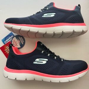 Skechers Women's Size 8 W Navy Blue Pink Summit Slip On Bungee Lace Walking Shoe